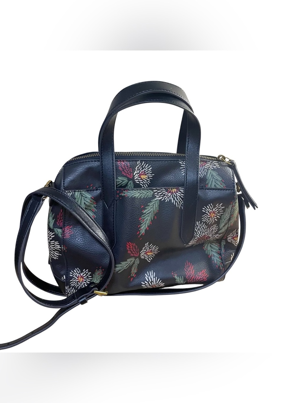 Fossil Black Dark Floral Sydney Satchel Crossbody Bag